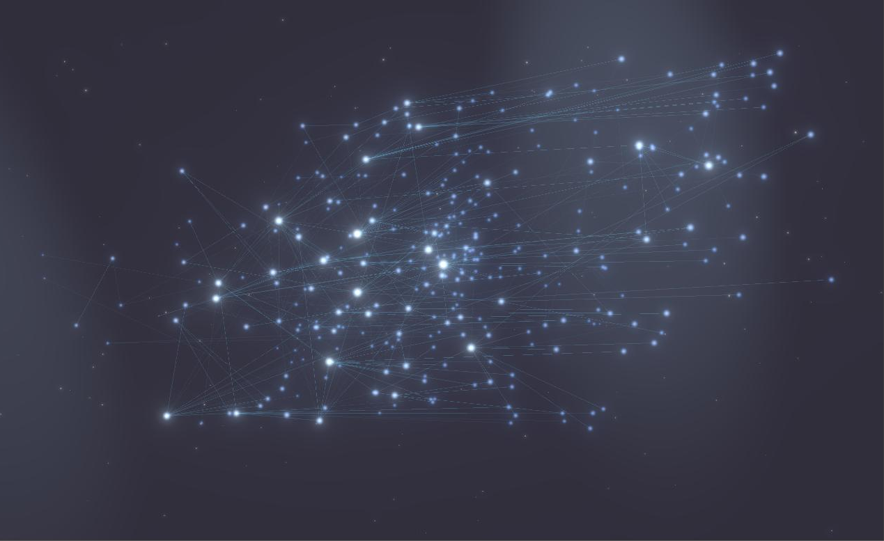 Billy Bob, the light form — 302 nodes and 380 threads of American music history rendered as a constellation.